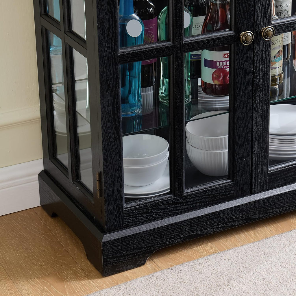 68' H Glass Curio Display Cabinet with Light, 6-Tier Wooden Storage Showcase w/ 4 Glass Doors & Adjustable Shelves, Vintage Accent Cabinet w/Mirrored Back Pane for Home & Office (Black)