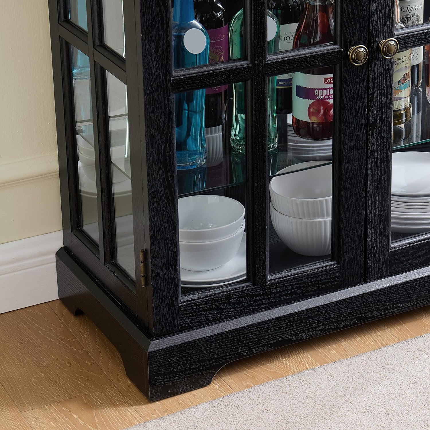 68' H Glass Curio Display Cabinet with Light, 6-Tier Wooden Storage Showcase w/ 4 Glass Doors & Adjustable Shelves, Vintage Accent Cabinet w/Mirrored Back Pane for Home & Office (Black)