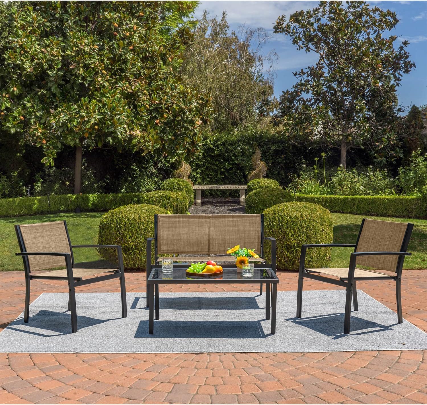 Devoko 4 Pieces Patio Furniture Set Outdoor Garden Patio Conversation Sets Poolside Lawn Chairs with Glass Coffee Table Porch Furniture (Yellow)