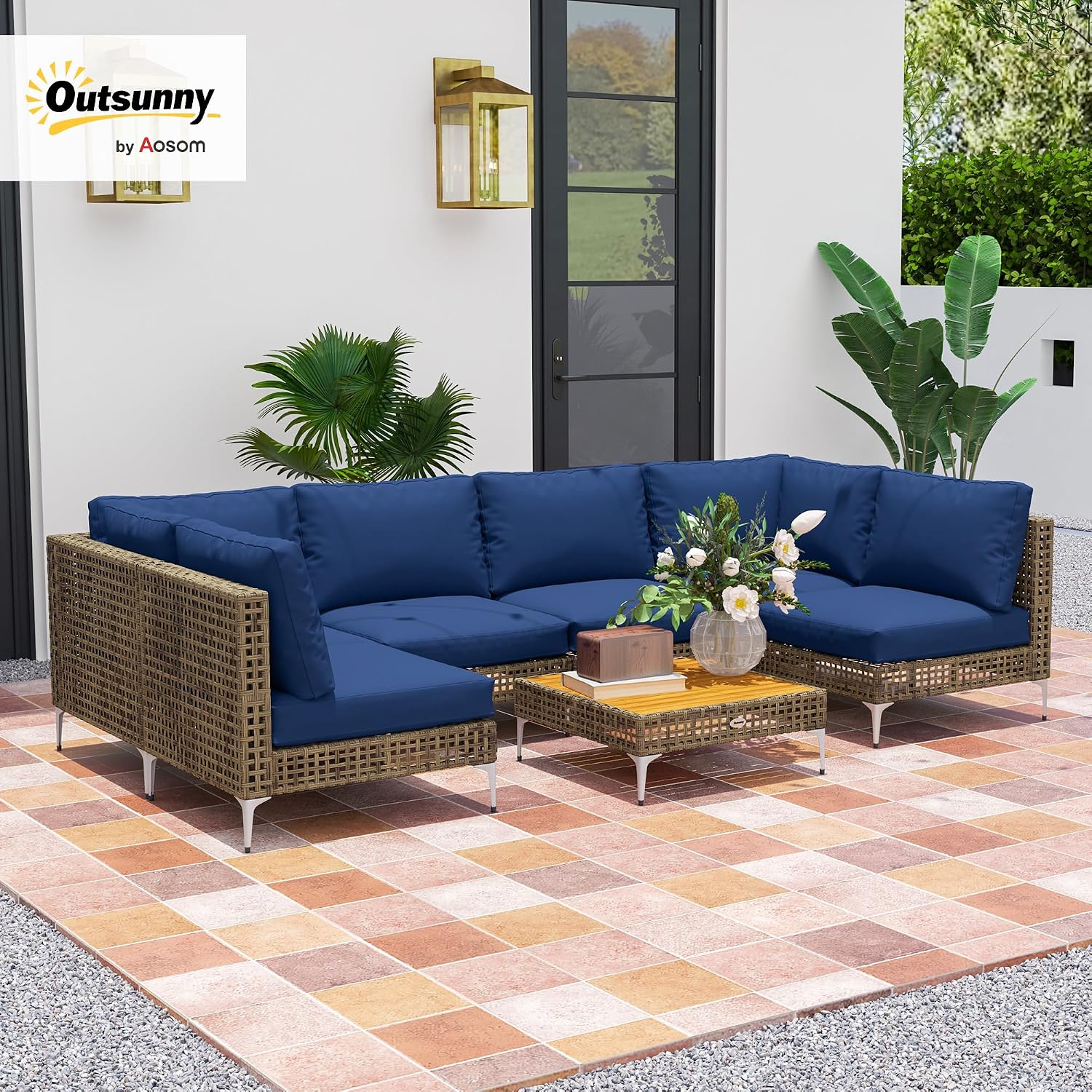 Outsunny 7 Piece Wicker Patio Furniture Set, Modular Outdoor Sectional with Thickened Cushions, Rattan Outdoor Furniture Conversation Set with Slatted Acacia Wood Table for Backyard, Brown/Dark Blue