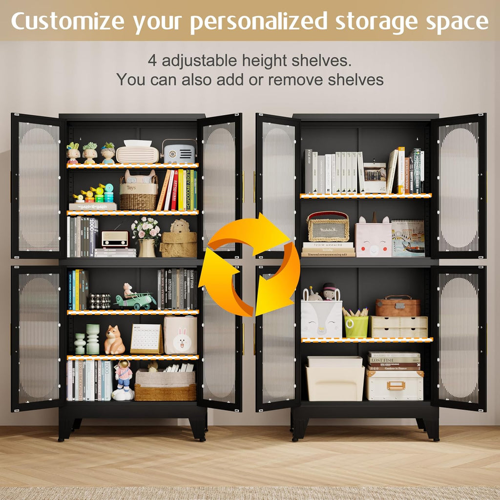 GAIOUS Black Metal Display Cabinet with Acrylic Doors, Kitchen Pantry Cabinets with 4 Adjustable Shelves and Feet, Tall Versatile Storage for Kitchen, Bedroom, Bathroom, Entryway, and Office