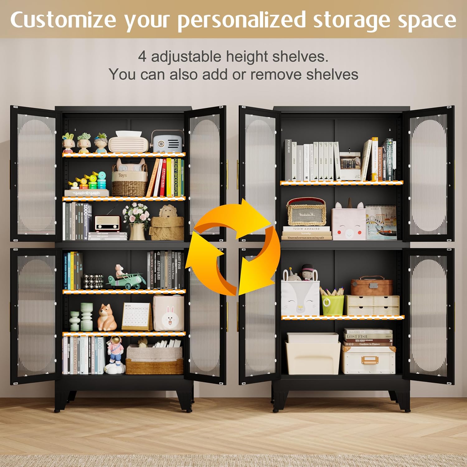 GAIOUS Black Metal Display Cabinet with Acrylic Doors, Kitchen Pantry Cabinets with 4 Adjustable Shelves and Feet, Tall Versatile Storage for Kitchen, Bedroom, Bathroom, Entryway, and Office