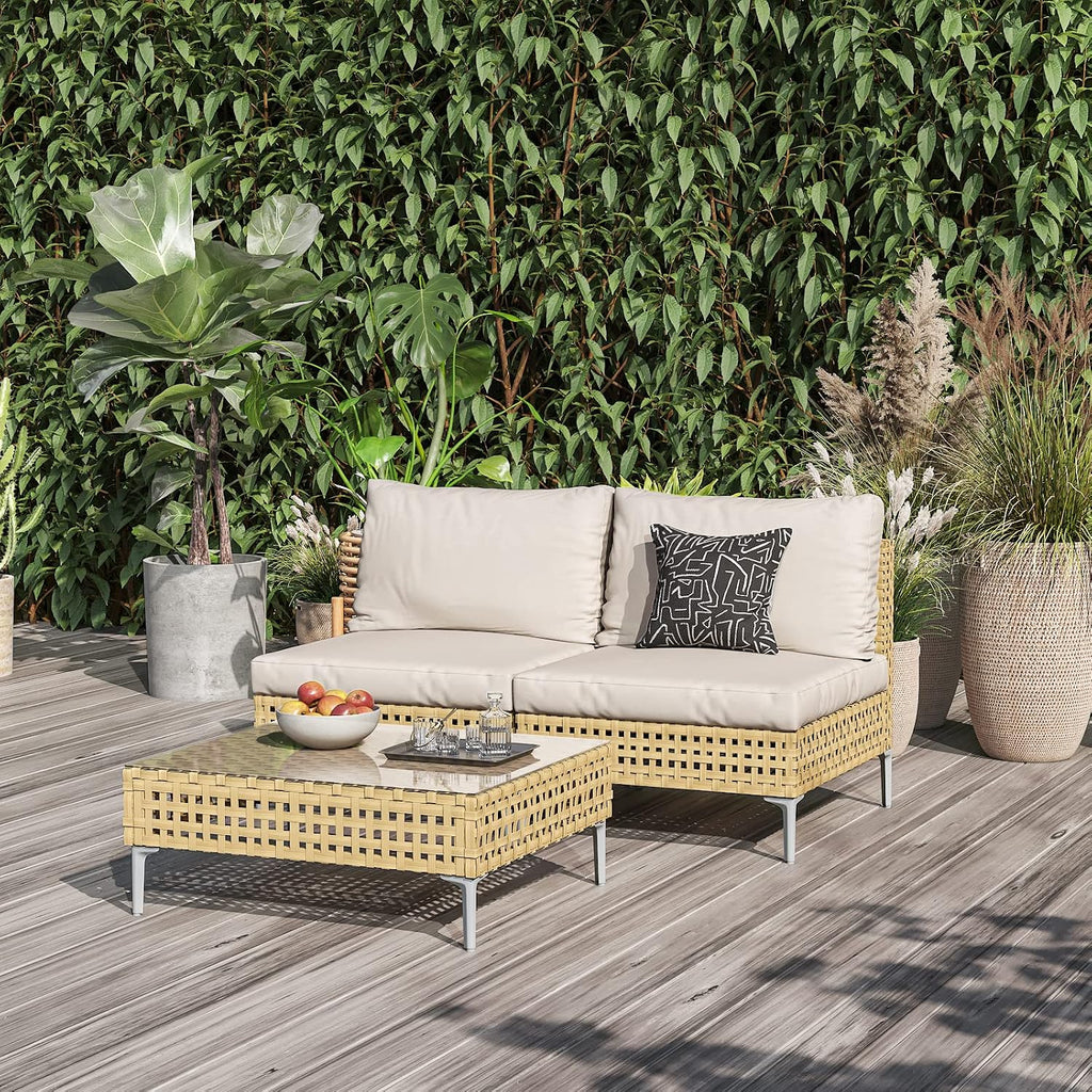 Grand patio 3-Piece Wicker Patio Furniture Set, Outdoor Sectional Sofa with Water Resistant Beige Thick Cushions and Coffee Table, Cream