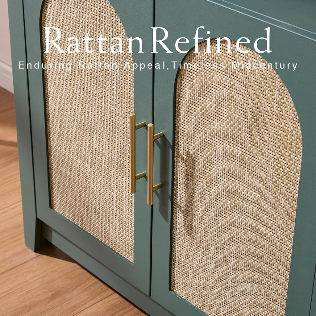 RowyPoey Rattan Arched Cabinet Bookshelf - 69.3' Tall Mid Century Display Cabinet, Rounded Bookcase with Rattan Doors, Open Shelf Storage for Dining Room (Green, 1 PC)