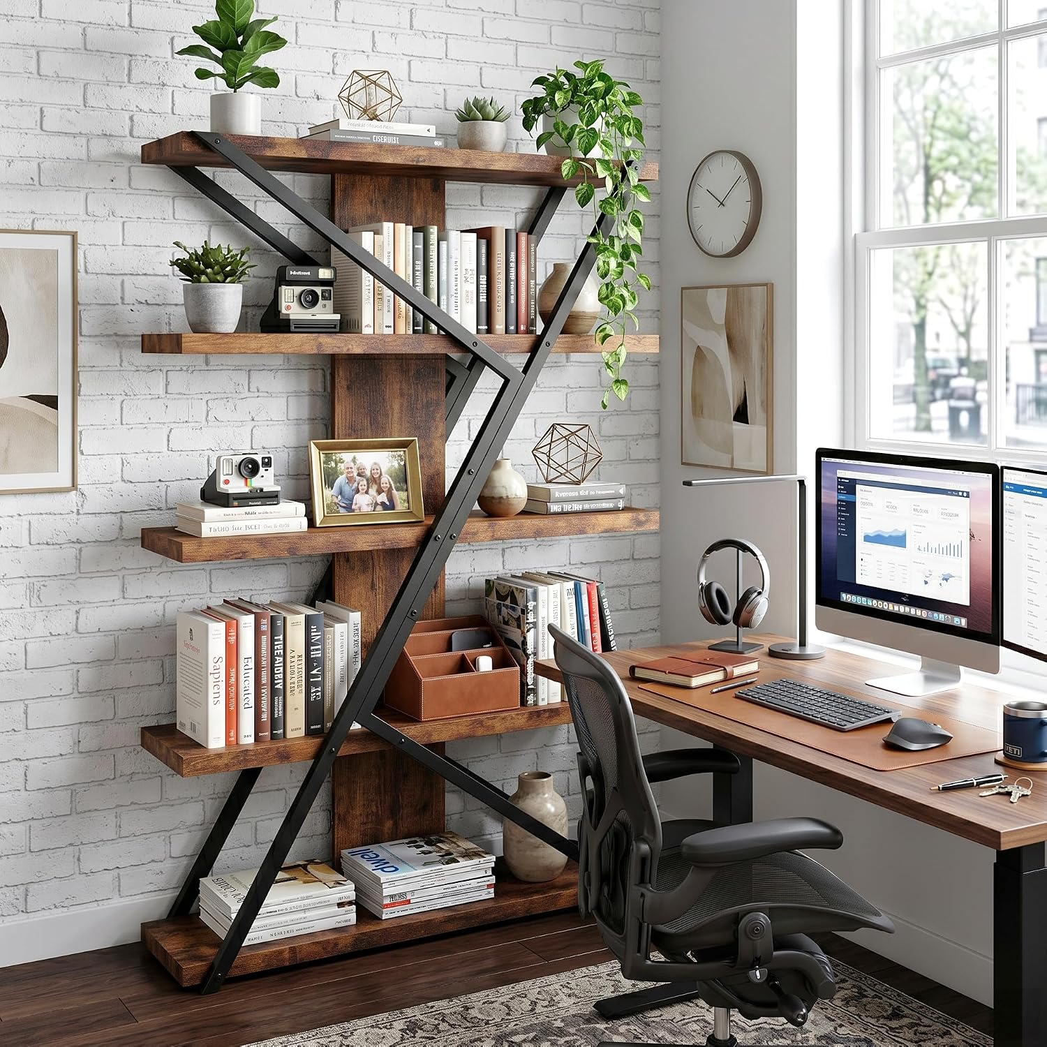 FUSUNBAO Industrial Bookshelf, Vintage 5-Tier Tall Bookcase with Wood and Metal Frame, Rustic Large Display Shelf for Home Office, 67' H x 47' L x 12' W, Rustic Brown