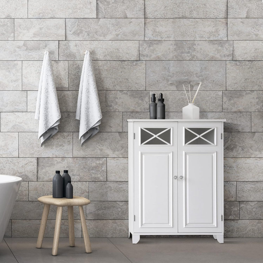 Teamson Home Dawson Wooden Freestanding Floor Cabinet with 1 Fixed 1 Adjustable Shelves 3 Storage Spaces 2 Glass Paneled Doors and 2 Clear Knobs, White