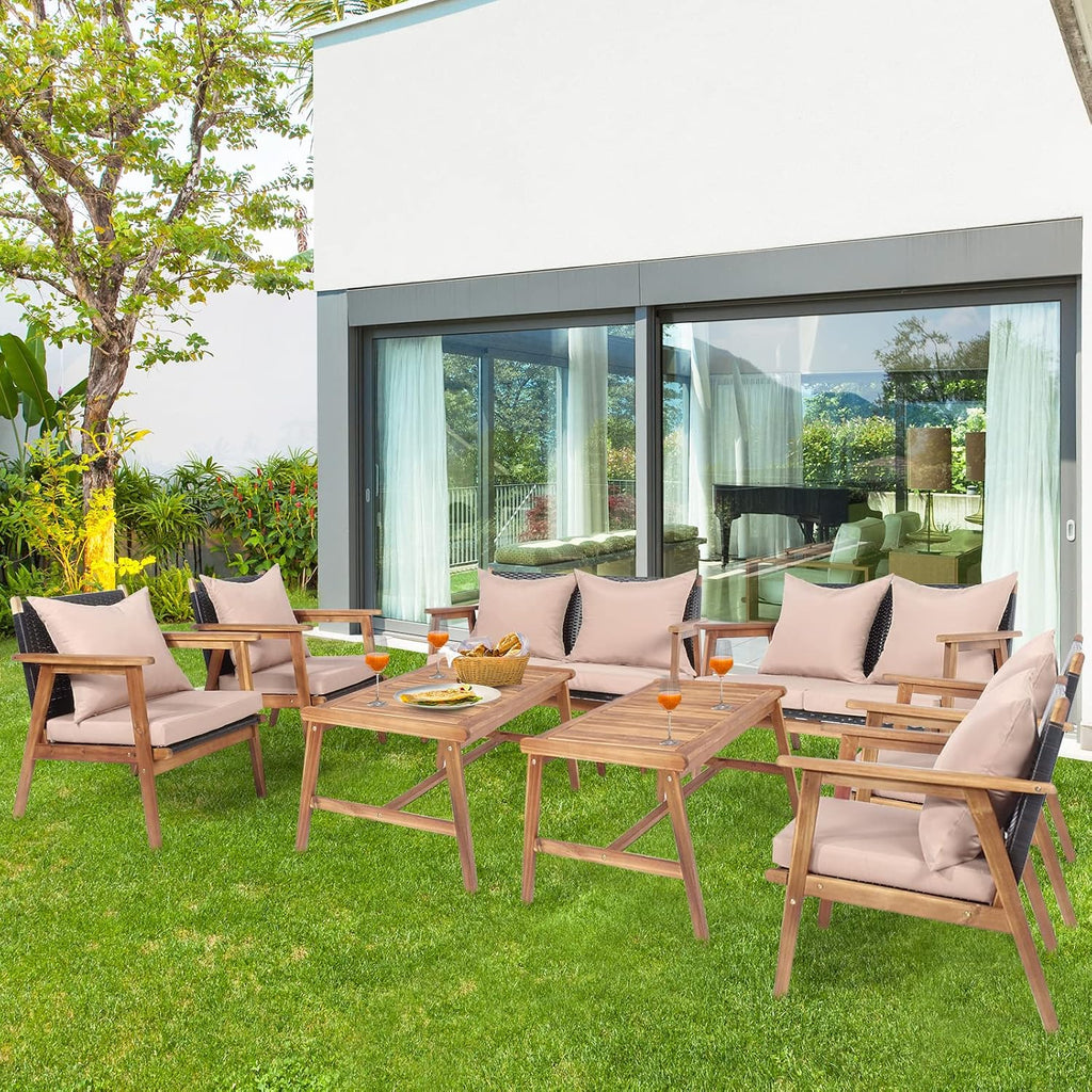 Tangkula 8-Piece Patio Furniture Set, Outdoor Acacia Wood Conversation Set with Cushions and Coffee Table, Outdoor PE Wicker Sectional Sofa Set for Garden, Poolside and Backyard (2, Beige)
