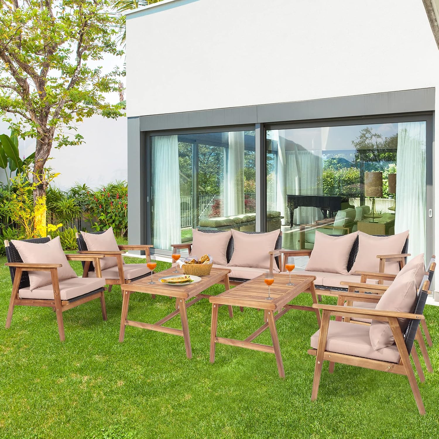 Tangkula 8-Piece Patio Furniture Set, Outdoor Acacia Wood Conversation Set with Cushions and Coffee Table, Outdoor PE Wicker Sectional Sofa Set for Garden, Poolside and Backyard (2, Beige)