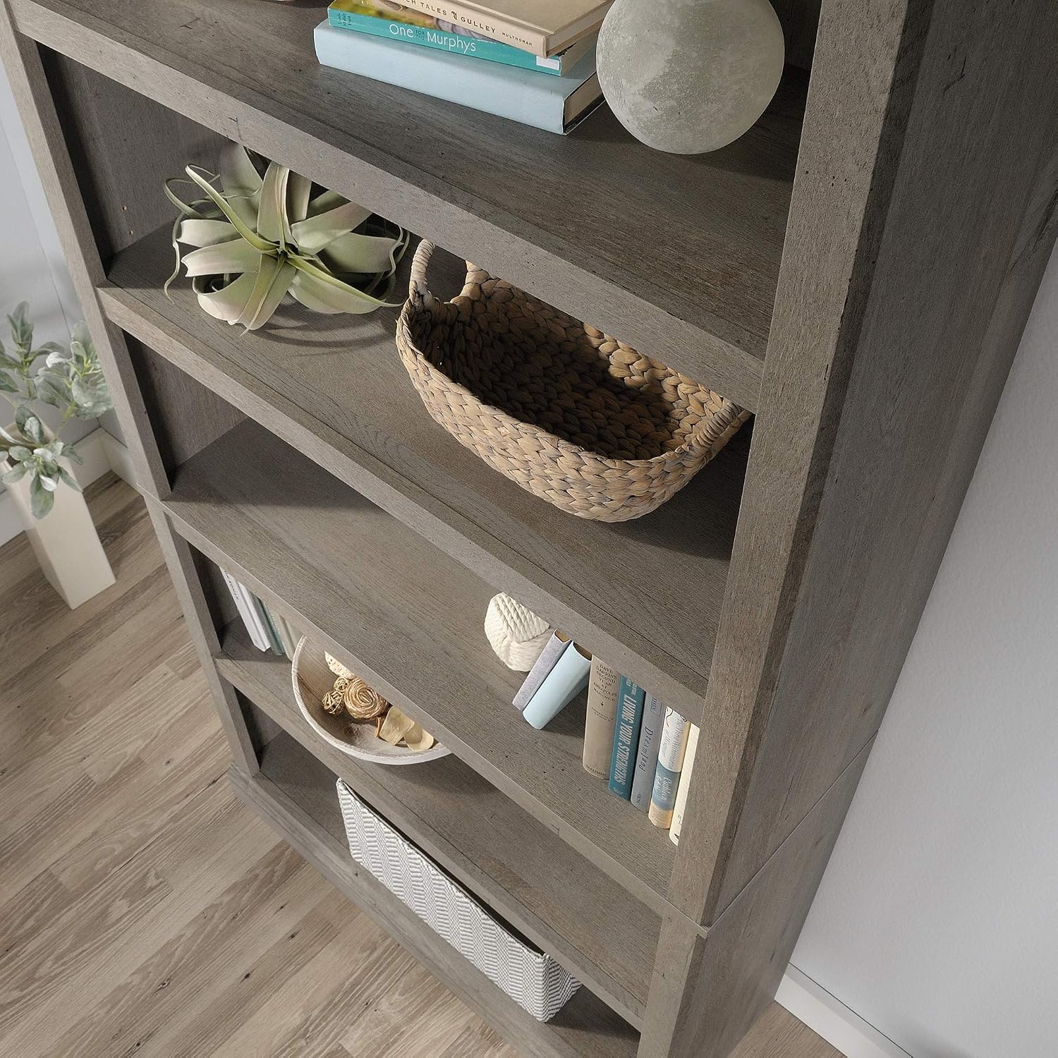 Sauder 5 Tier Book Shelf Wooden Bookcase Multipurpose Bookshelf for Home Office, Living Room, in Mystic Oak