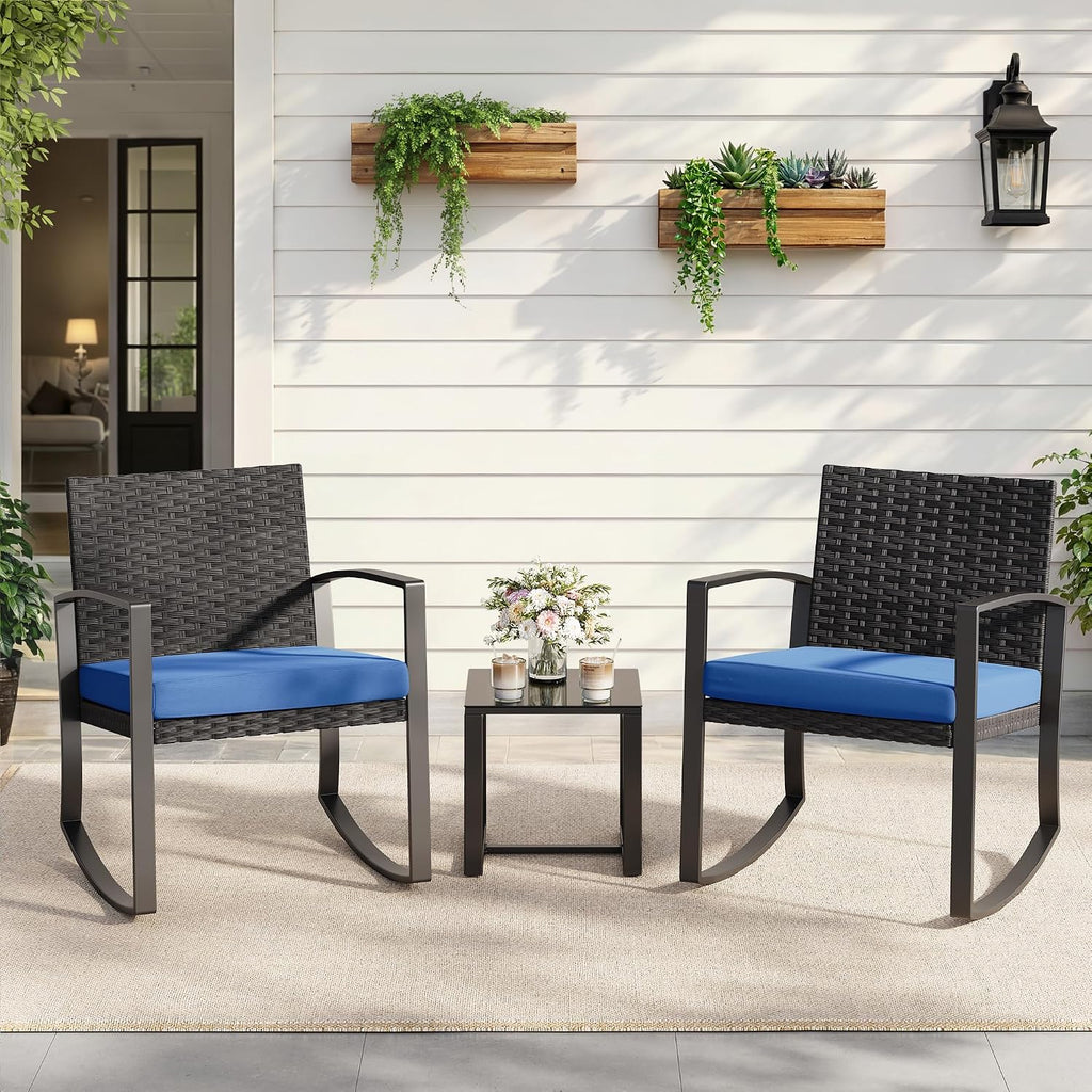 Qsun 3 Piece Patio Bistro Set Patio Furniture Set Outdoor Wicker Rocking Furniture Conversation Set with Tempered Glass Coffee Table for for Front Porch Balcony and Deck (Blue Cushion)