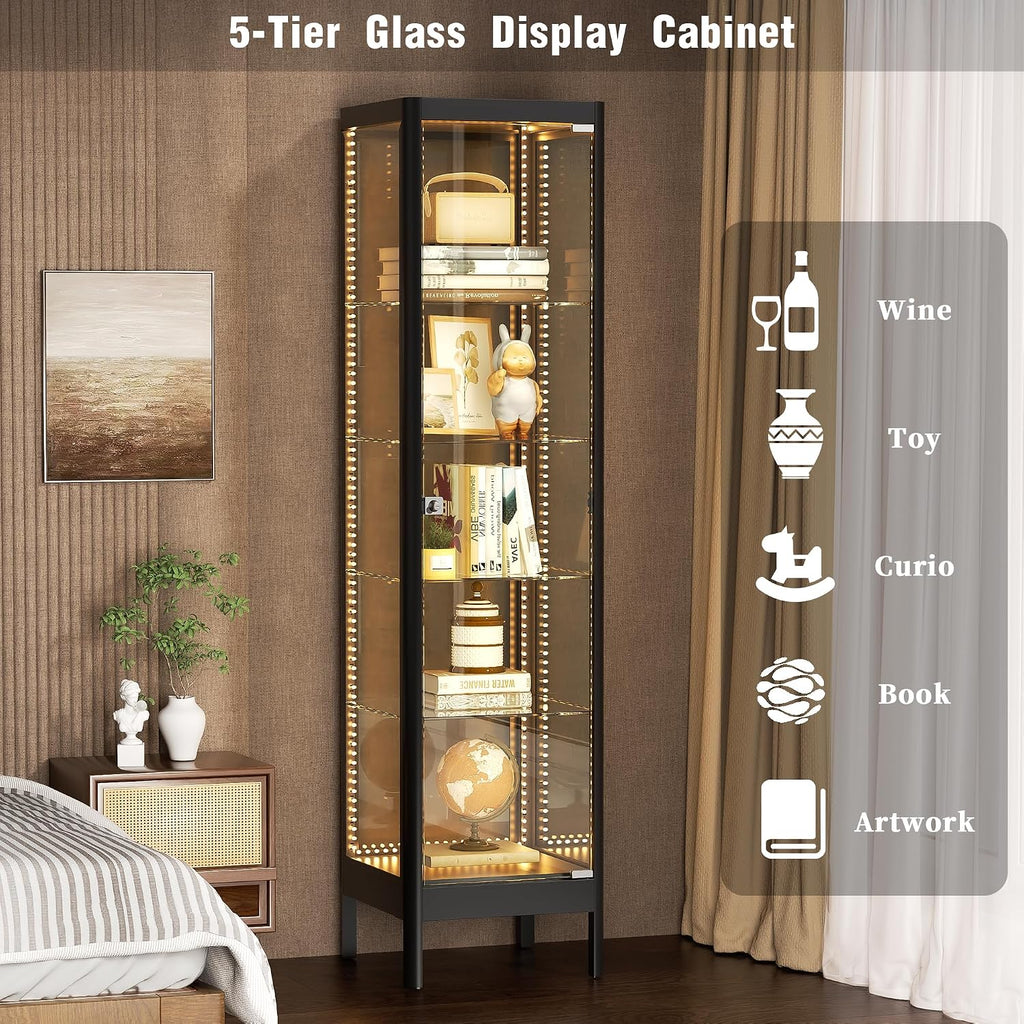 5-Tier Glass Display Cabinet with 13 Color LED Lights & Lock, 63' Curio Cabinet with Glass Doors & Adjustable Shelves, Lighted Display Case for Collectibles Figures Trophy - Black