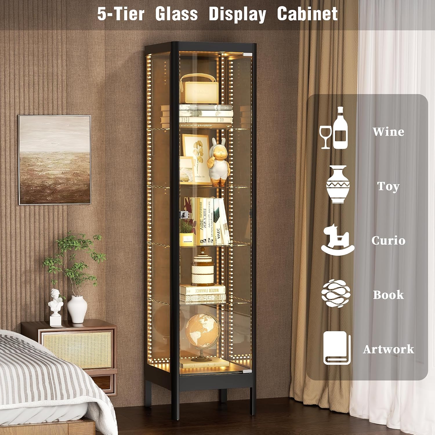 5-Tier Glass Display Cabinet with 13 Color LED Lights & Lock, 63' Curio Cabinet with Glass Doors & Adjustable Shelves, Lighted Display Case for Collectibles Figures Trophy - Black
