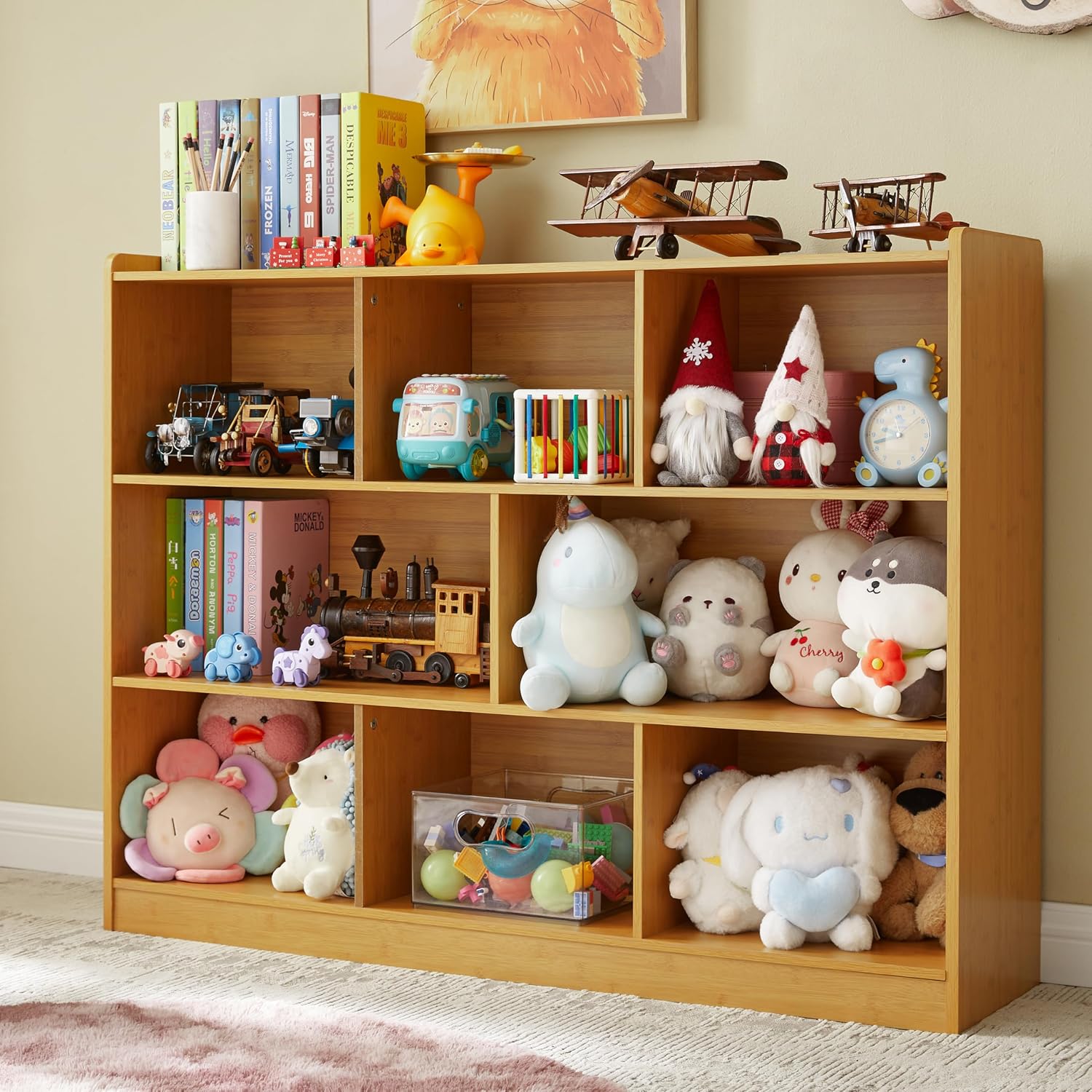 3-Tier Bookshelf, 8-Section Wooden Bookcase, Storage Organizer with Anti-Tilt Device, Modern Storage Display Cabinet for Living Room, Classroom, Kid's Room (Natural), FJHL-011YE