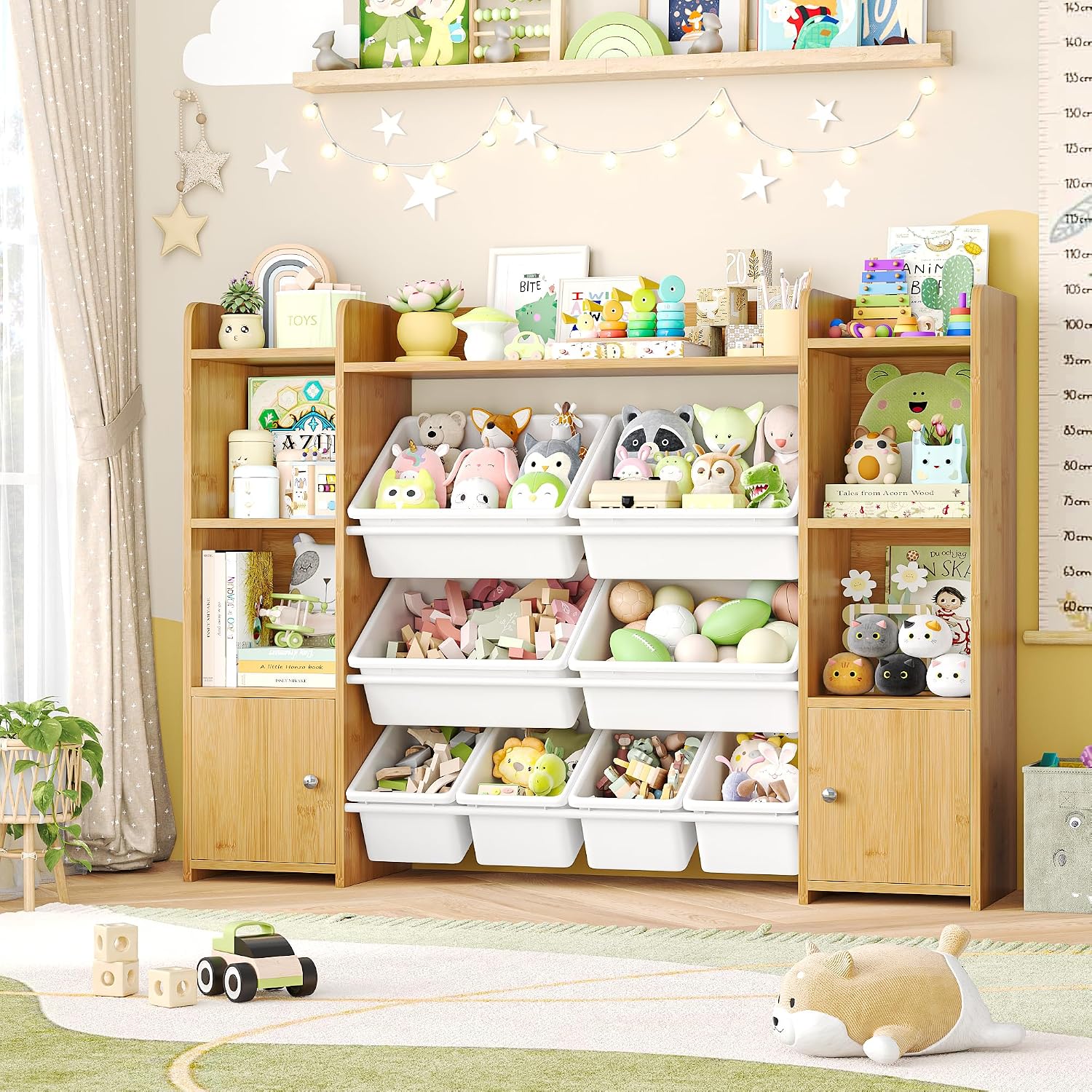 FOTOSOK Toy Storage Organizer with 8 Toy Bins, 55''Large Toy Organizers and Storage with Top Shelf, Toy Storage and Kids Bookshelf with 6 Storage Cubbies, Playroom Storage and Toy Box, Natural