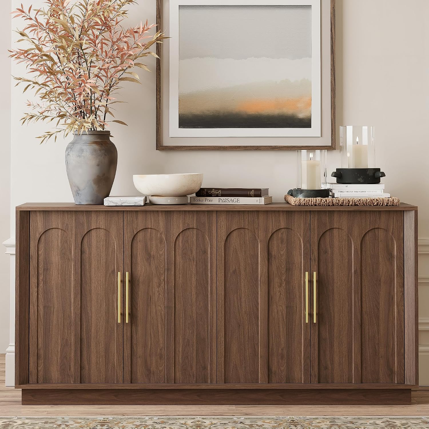 FORTUNETEC Sideboard Buffet Cabinet with Storage, Mid Century Modern Accent Cabinet with Arched Doors, Modular Media Console, Minimalist Credenza for Living Room Kitchen Dining Room Entryway, Walnut