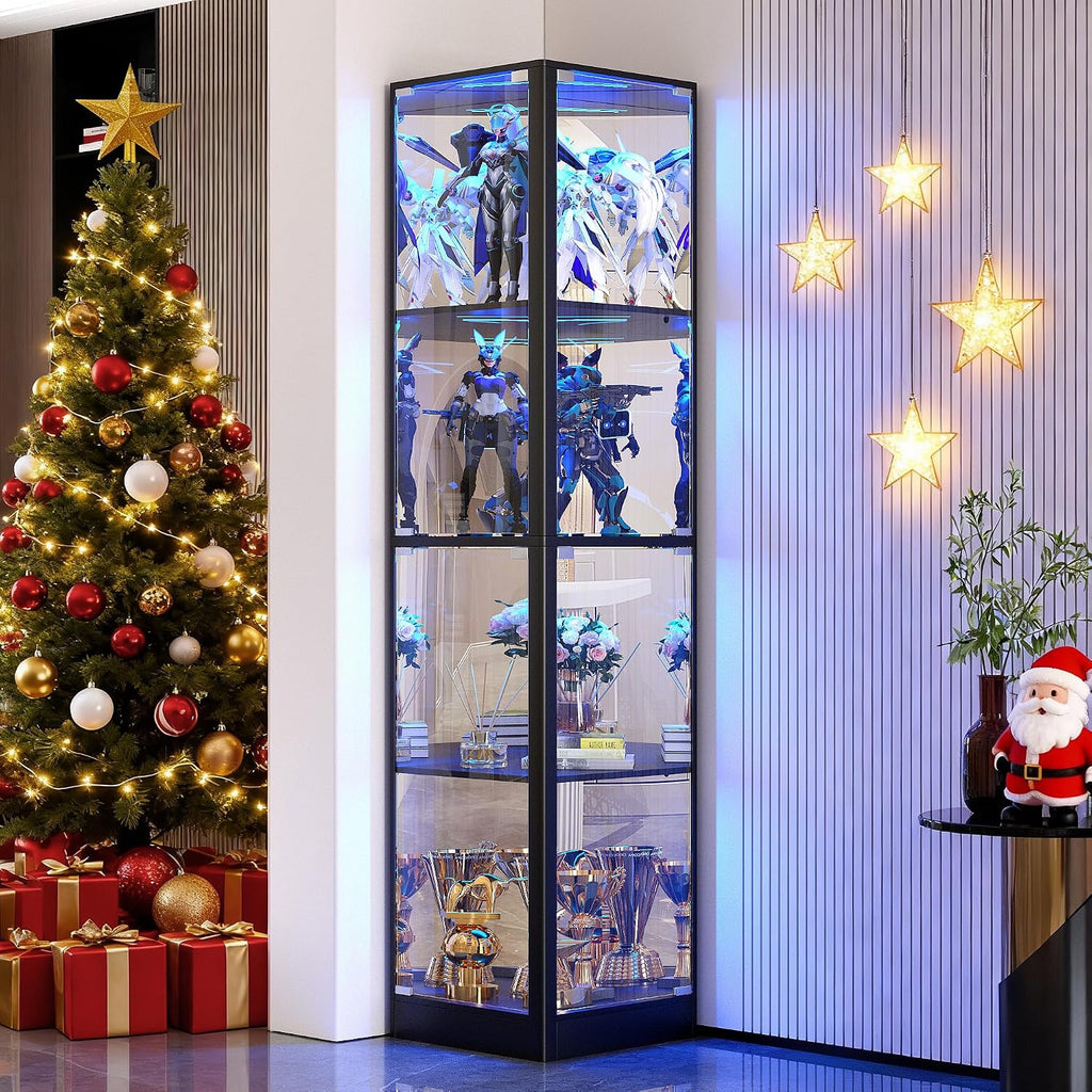 Corner Display Cabinet with Glass Doors, 4 Tier Corner Shelf with LED Lights, 68' Display Case for Collectibles, Toys, Books, Curio Storage Cabinet, Black