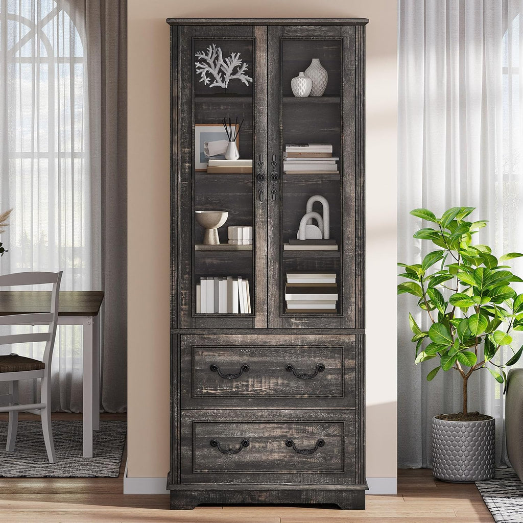 YITAHOME 76'' Kitchen Pantry Cabinet with 2 Drawers, Tall Storage Cabinet with Glass Doors & Adjustable Shelves, Freestanding Display Curio Cabinet for Collectibles, Living Room, Dark Rustic Oak