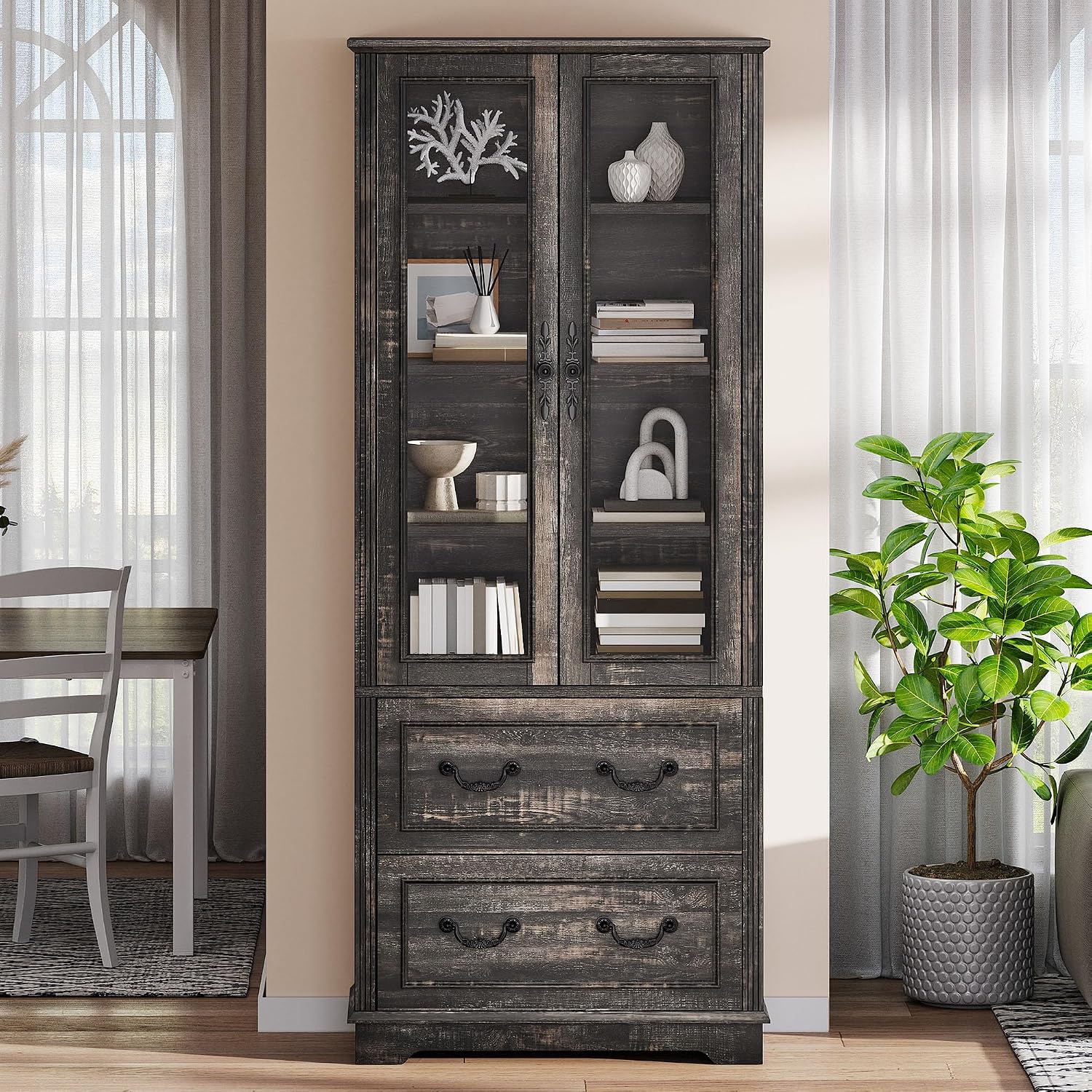 DWVO 76' Storage Cabinets, Freestanding Kitchen Pantry with Adjustable Shelves & Drawers, Farmhouse Glass Display Cabinets Tall Cupboard for Dining Room, Living Room, Dark Rustic