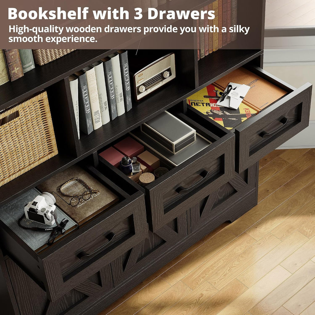 IRONCK Bookshelf with Drawers & Doors, Tall Bookshelf, Bookcase with Cabinets for Home Office, Living Room, Black