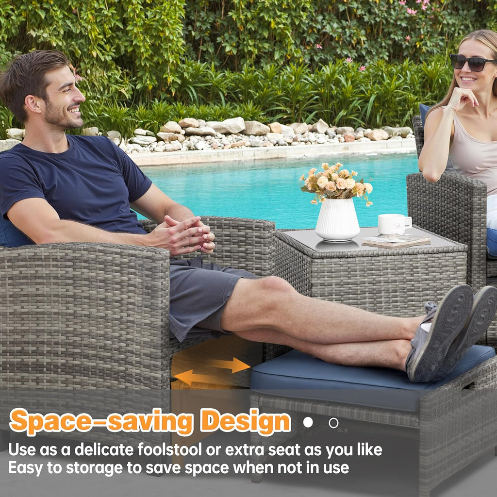 Shintenchi 5 Pieces Patio Furniture Set, Outdoor Wicker Patio Conversation Set with Ottoman, All Weather Rattan Outside Chairs with Coffee Table & Cushion for Porch, Garden, Backyard, Navy