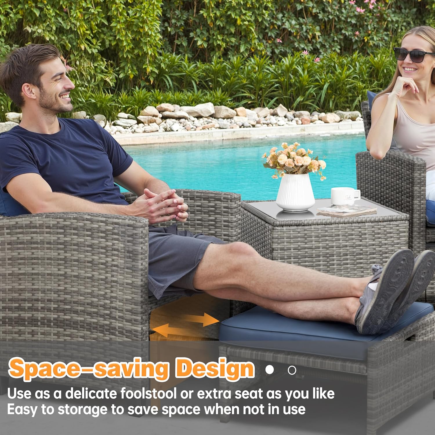 Shintenchi 5 Pieces Patio Furniture Set, Outdoor Wicker Patio Conversation Set with Ottoman, All Weather Rattan Outside Chairs with Coffee Table & Cushion for Porch, Garden, Backyard, Navy