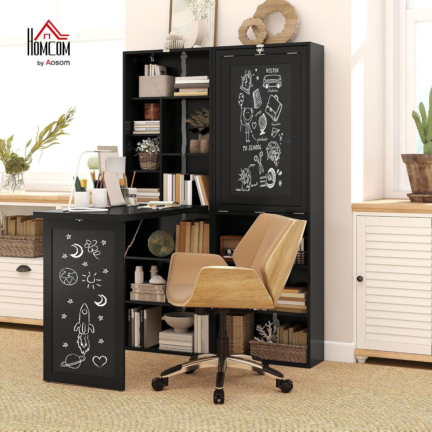 HOMCOM Foldable Convertible Writing Table, Wall Mounted Space-Saving Computer Desk with Chalkboard and Storage Shelves for Small Spaces, Home Office, Bedroom, Dorm, Apartment, Black