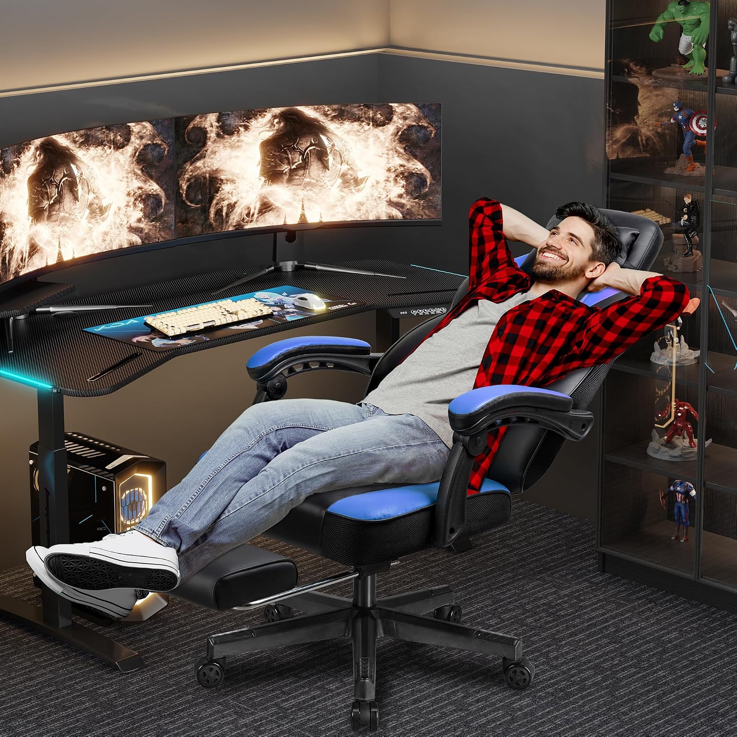 Shintenchi Gaming Chair,Video Game Chair with footrest and Massage Lumbar Support,Height Adjustable Game Chair with 360°Swivel Seat Ergonomic Computer Chair with Headrest for Office or Gaming(Blue)