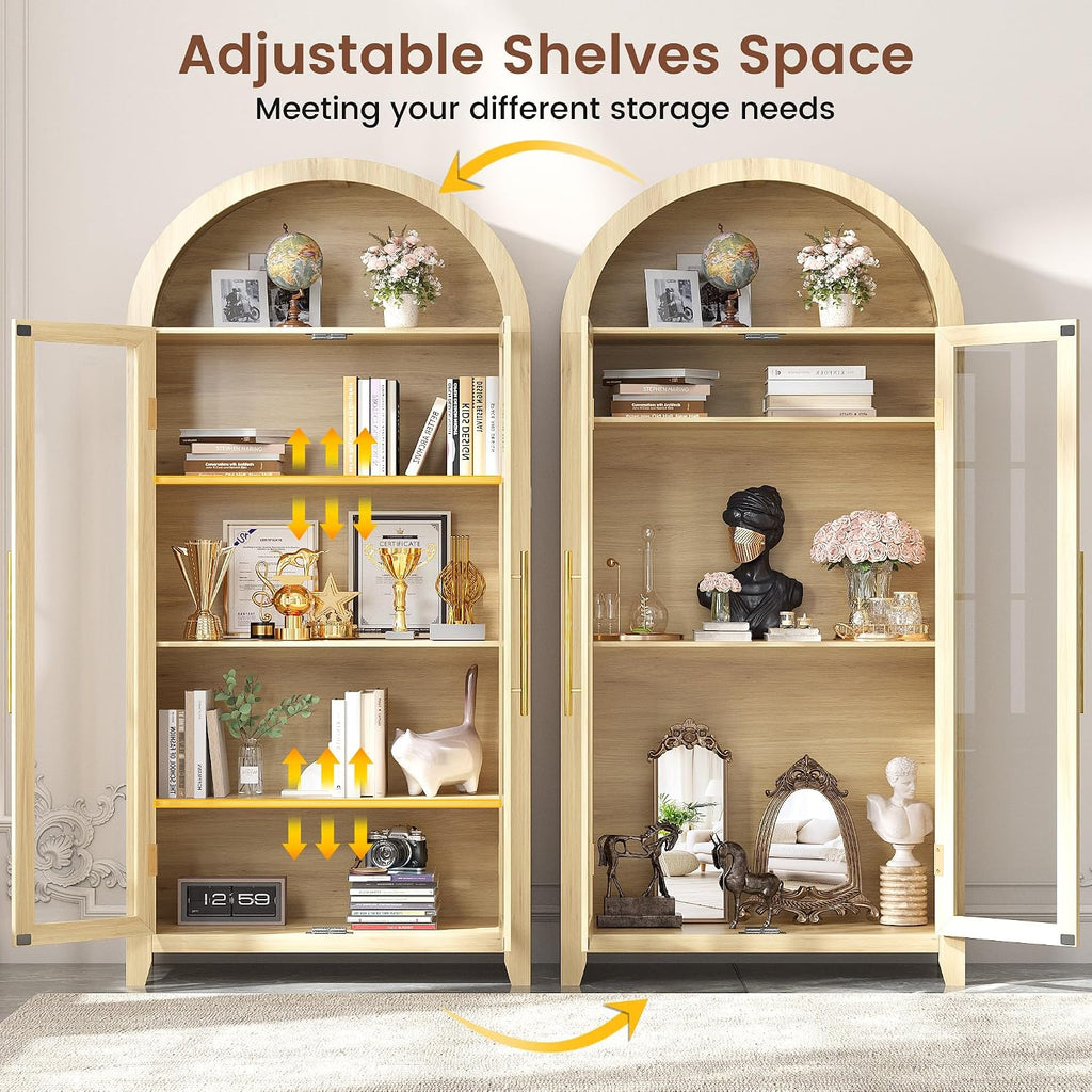 Vlsrka 71' Arched Kitchen Pantry Storage Cabinet with Glass Doors, 5-Tier Display Cabinet for Collectibles, Tall Bookcase with LED Light & Human Sensor, Curio Cabinet with Adjustable Shelf