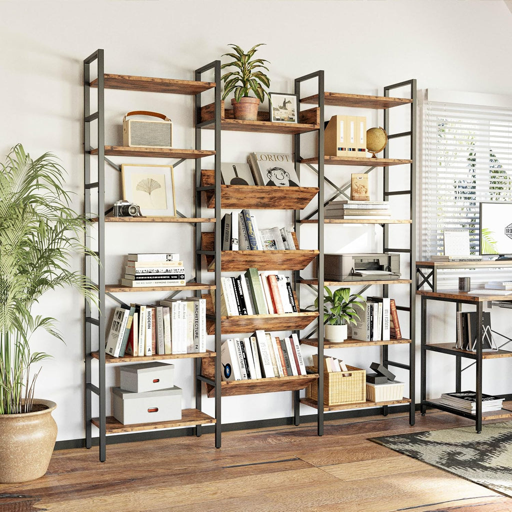 IRONCK Industrial Bookshelves 6 Tiers Triple Wide Bookshelf, Large Etagere Bookshelf Open Record Player Shelves with Metal Frame for Living Room Home Office