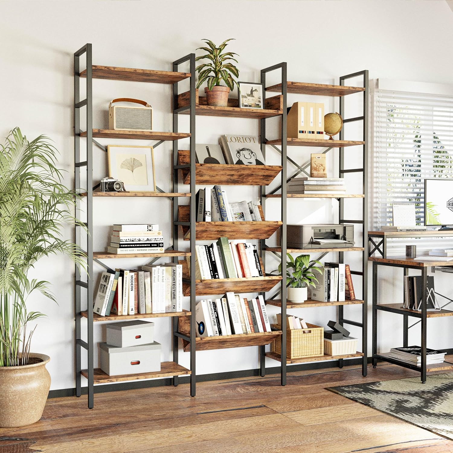 IRONCK Industrial Bookshelves 6 Tiers Triple Wide Bookshelf, Large Etagere Bookshelf Open Record Player Shelves with Metal Frame for Living Room Home Office