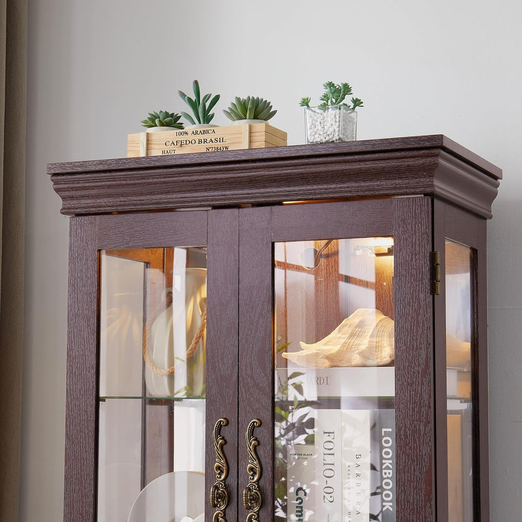 Lighted Glass Curio Cabinet with Lights & Adjustable Shelves,Curio Display Cabinet with Wood Frame,Corner Cabinet for Kitchen,Living Room,Office(Free Standing,Light Bulb Include)