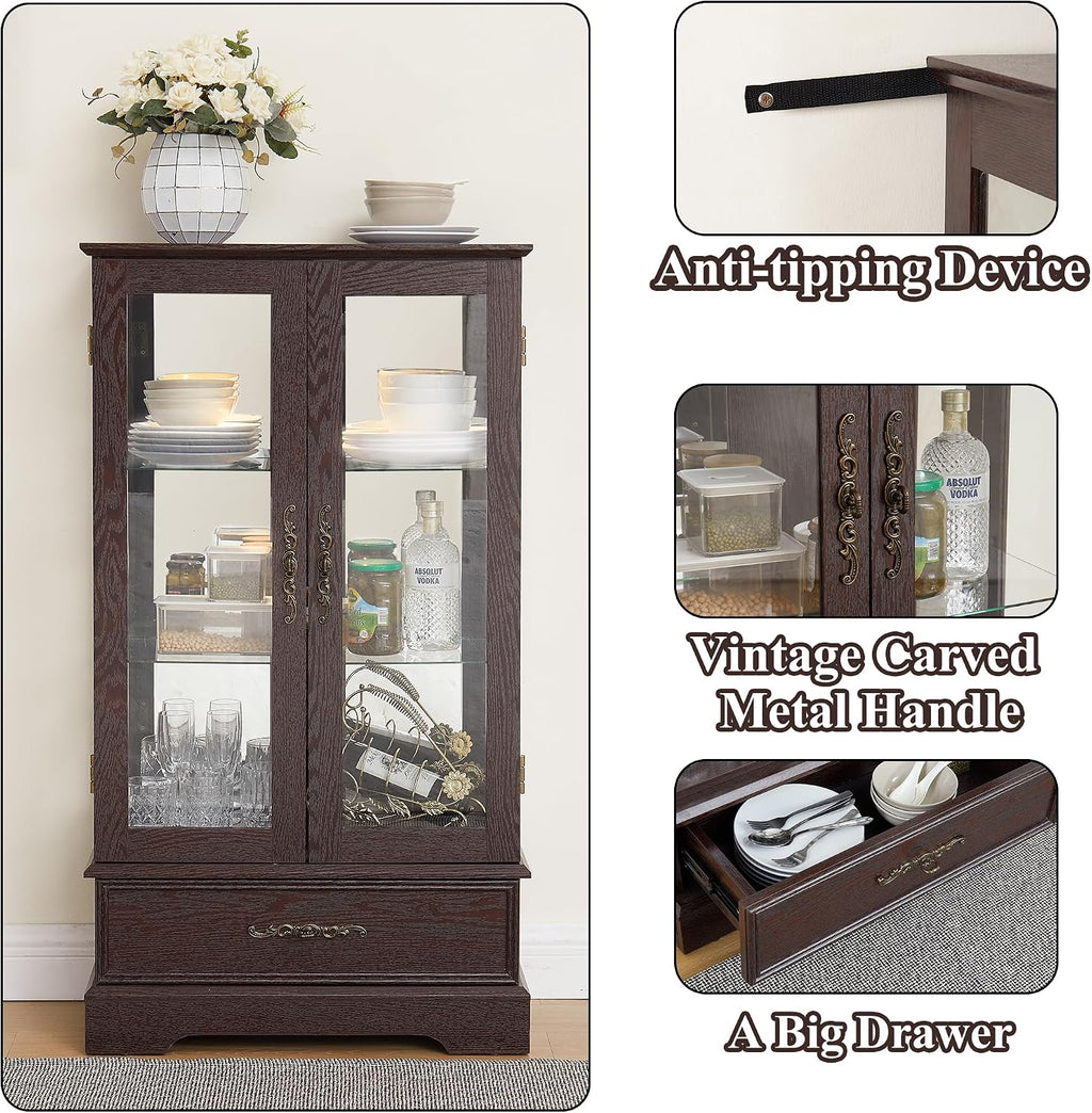 47' H Lighted Curio Cabinet Display Case, Glass Case with Adjustable Shelves,Tempered Glass Door and Drawer, Wooden Curio Cabinet with Mirrored Back Pane for Living Room (Dark Cherry)