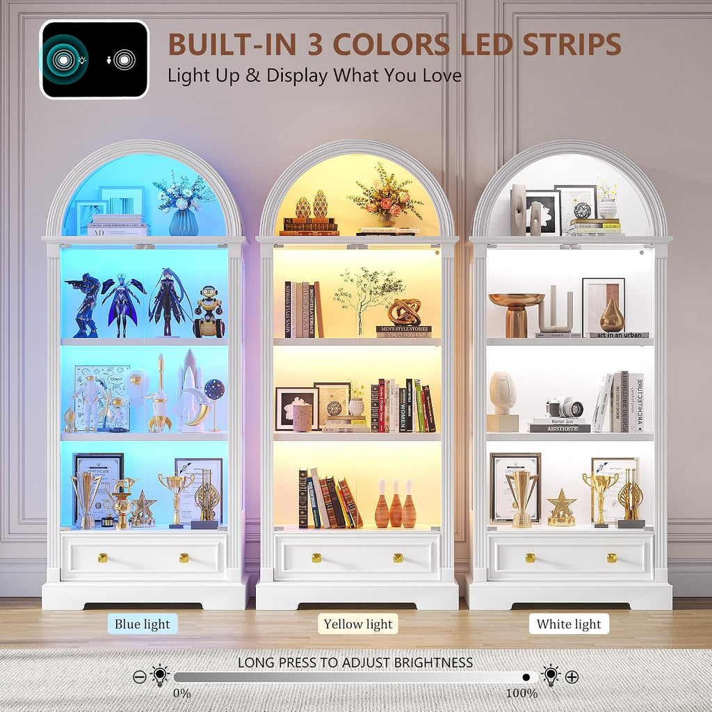 TAGELIER Arched Display Cabinet with Glass Doors, 72' Tall Curio Cabinet with Human Sensor Lights, 4-Tier Glass Display Case for Collectibles Bookcase Office, White