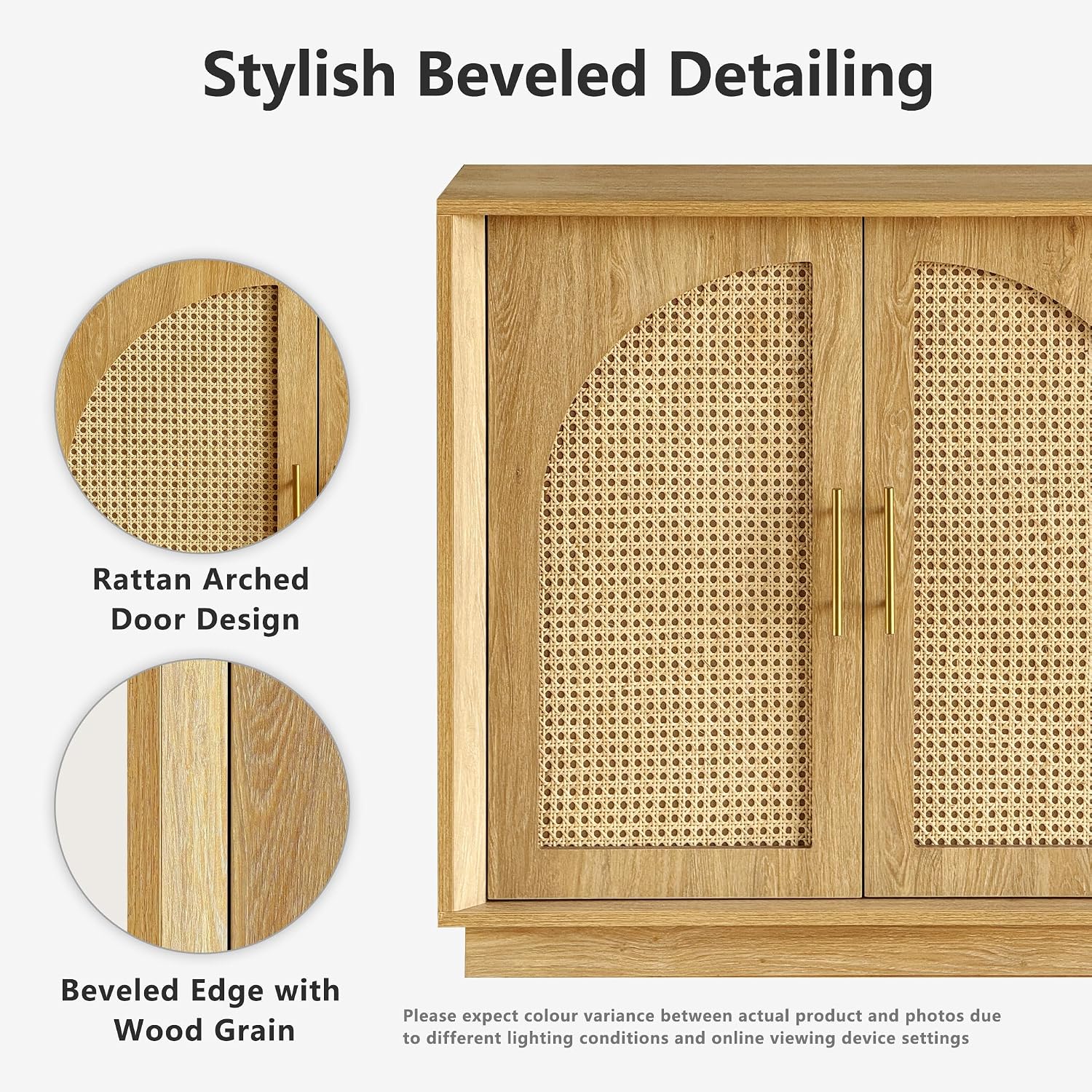 FORTUNETEC 63' Sideboard Buffet Cabinet with Storage, Modern Accent Cabinet with Rattan Arched Doors, Modular Media Console, Boho Credenza for Living Room Kitchen Dining Room Entryway, Oak