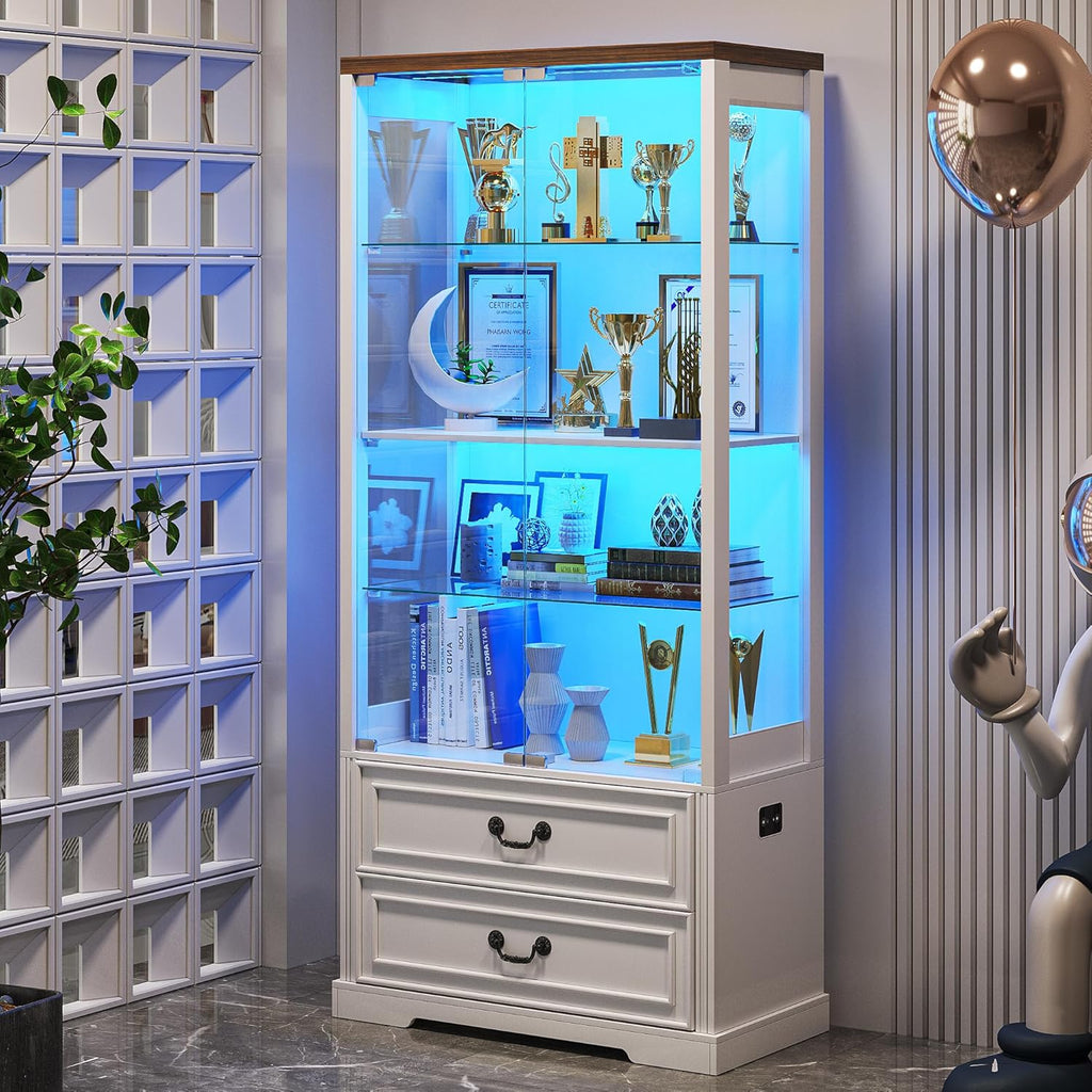 FREDEES Display Cabinet with Glass Doors,67' Adjustable Display Shelf with 2 Drawers and 4 Tier Curio Cabinet,Tall Bookcase with 3 Color Lights and Human Body Sensor for Toys,Books（White）