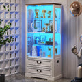 FREDEES Display Cabinet with Glass Doors,67' Adjustable Display Shelf with 2 Drawers and 4 Tier Curio Cabinet,Tall Bookcase with 3 Color Lights and Human Body Sensor for Toys,Books（White）