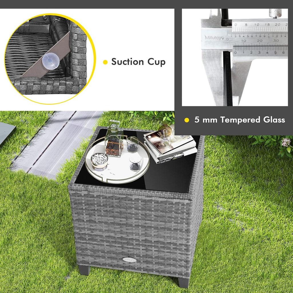 Tangkula 3 Pieces Patio Furniture Set, Outdoor PE Rattan Conversation Chair Set with Tempered Glass Side Table and Removable Cushions, PE Wicker Chairs and Table Set for Porch, Balcony and Garden