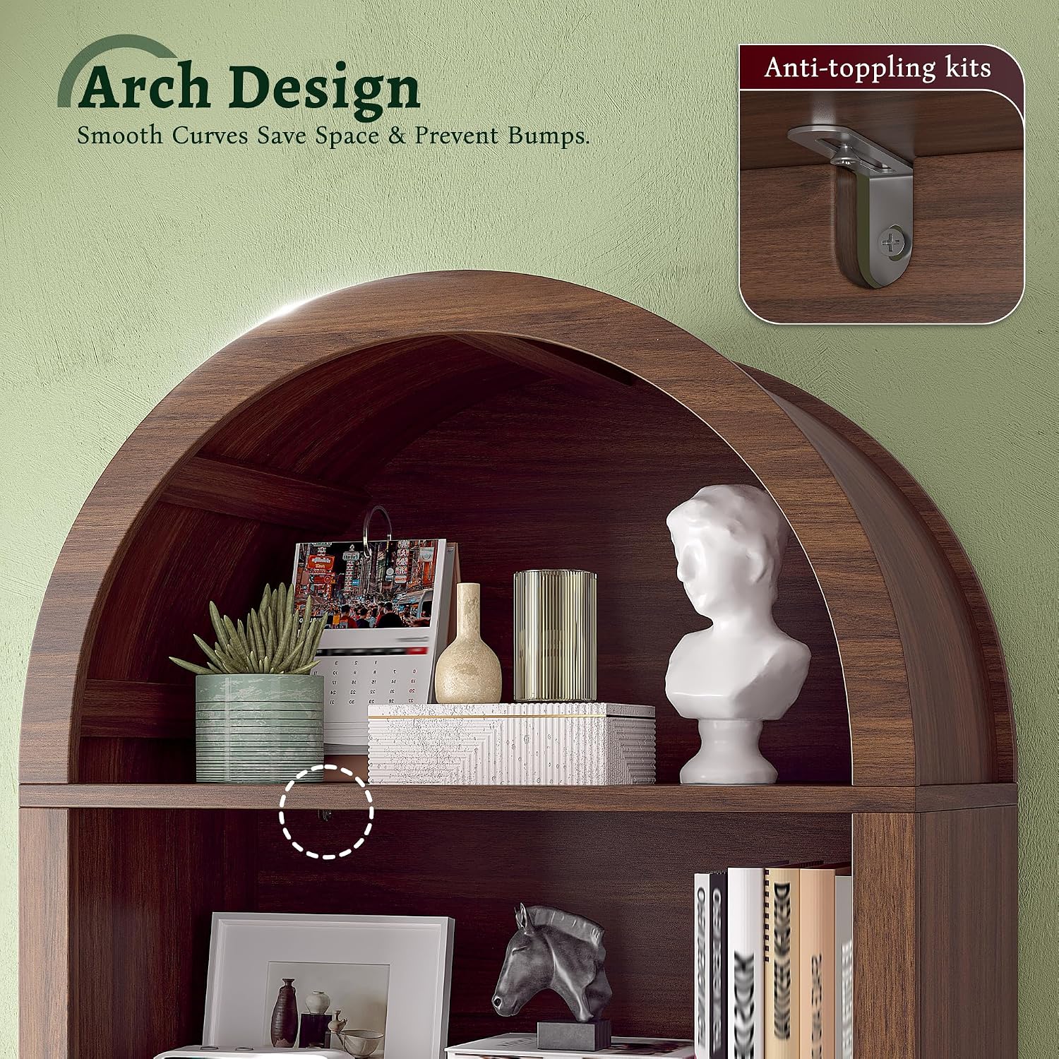DurayLoly Book Shelf Arched Cabinet, 5-Tier Arched Bookcase with Doors and Adjustable Wood Shelves, Wooden Storage Cabinet with Open Display Shelf for Office,Living Room, Kitchen，Walnut