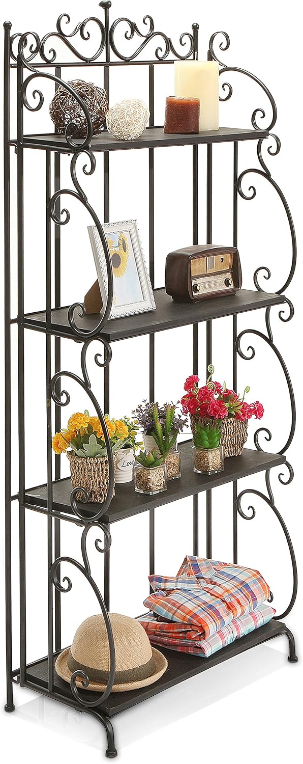 MyGift Black Metal Freestanding Shelf Rack, Decorative Bakers Rack Bookshelf Storage Shelf Unit with Metal Scrollwork Frame, Indoor Plant Pot Display Stand with 4 Wood Shelves
