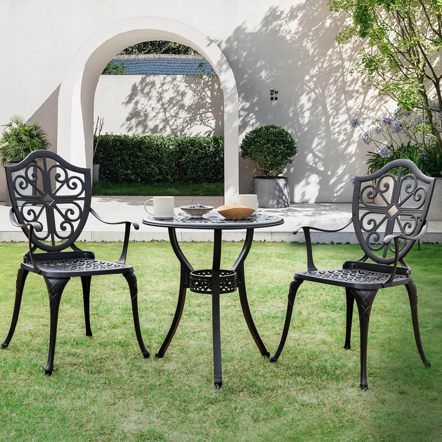 NUU GARDEN Bistro Set 3 Piece Outdoor, Cast Aluminum Patio Bistro Sets with Umbrella Hole, Bistro Table and Chairs Set of 2 for Patio Backyard