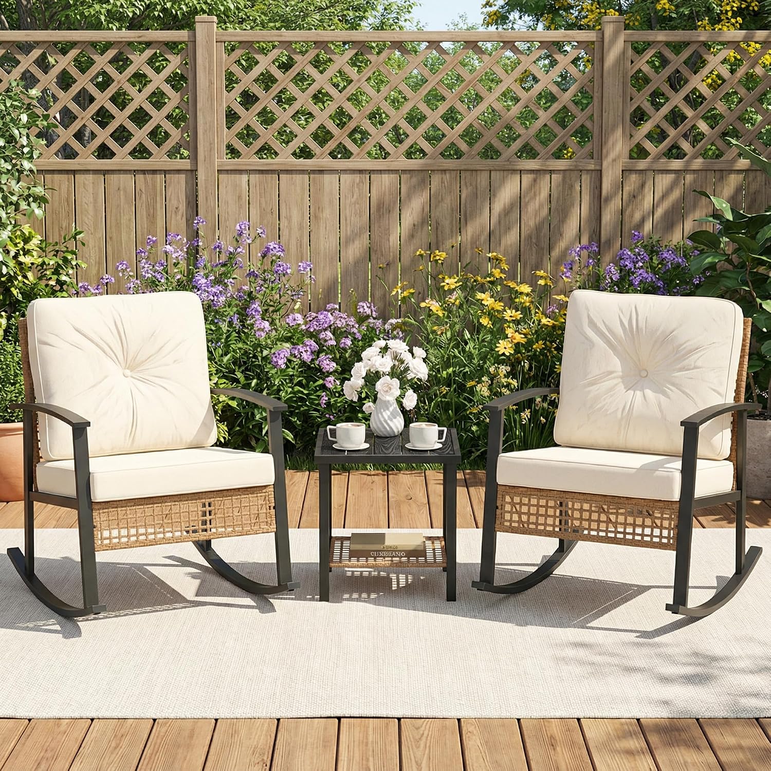 COSIEST 3-Piece Outdoor Rocking Chairs Bistro Set, Rattan Patio Furniture with Thick Warm Beige Cushions & 2-Tier Storage Coffee Table for Garden, Porch, Balcony,Backyard