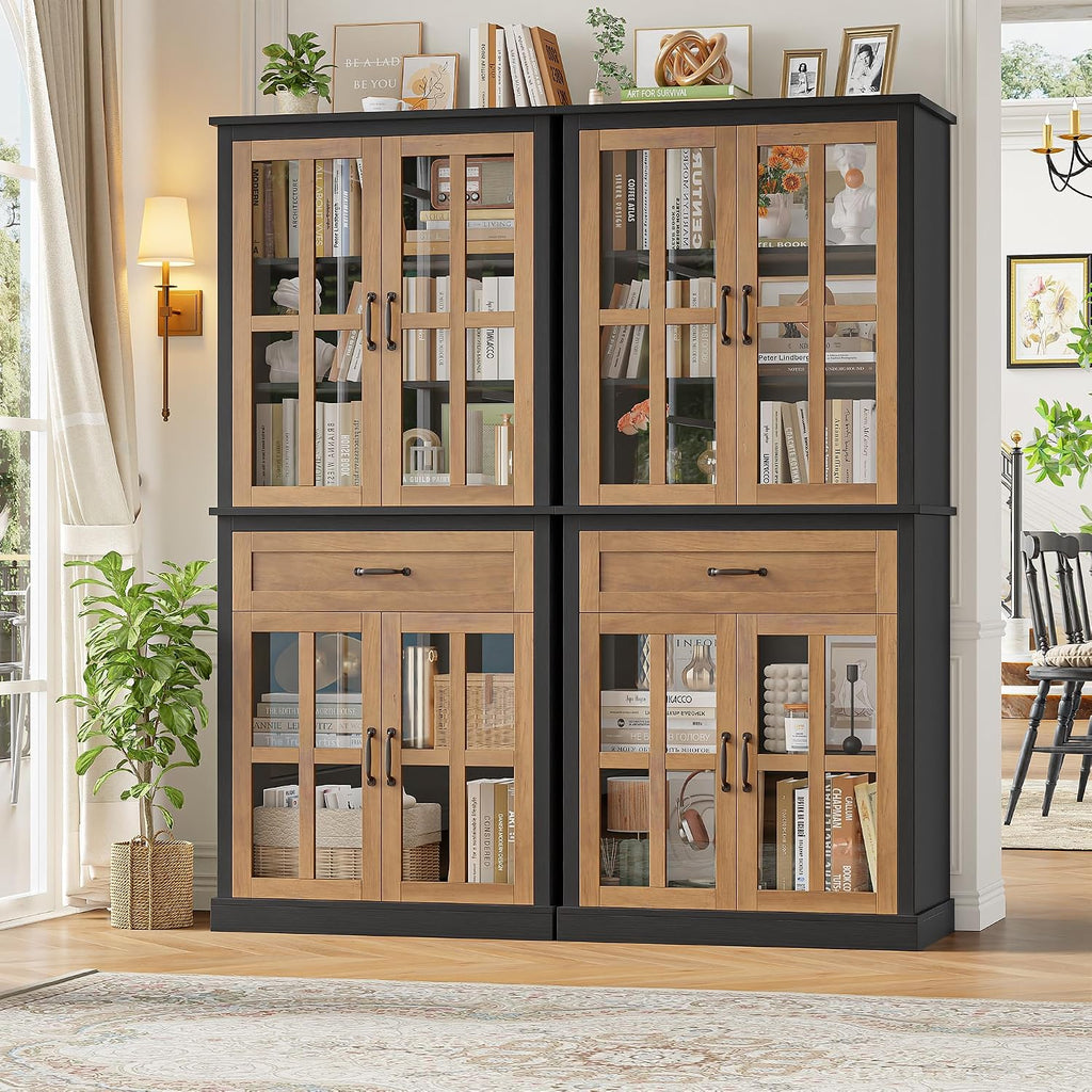 FOTOSOK 71'' Tall Kitchen Cabinet with Glass Doors and Drawer, Freestanding Food Pantry with Adjustable Shelves for Dining, Living Room, Natural