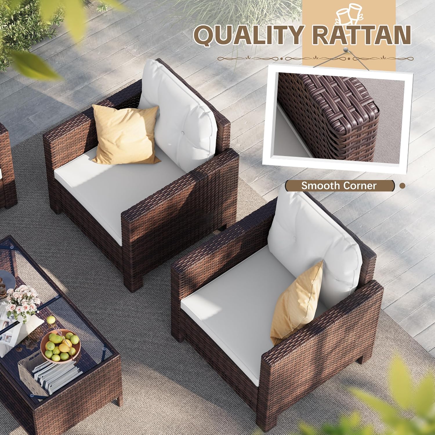 Homall 4 Pieces Patio Furniture Sets Rattan Chair Wicker Conversation Sofa Set, Outdoor Indoor Backyard Porch Garden Poolside Balcony Use (Beige)