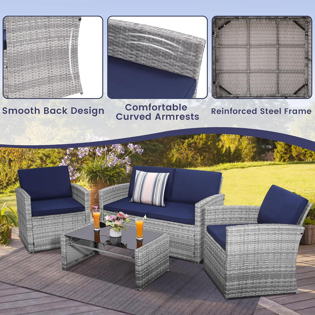 KROFEM 4-Piece Patio Furniture Set, Wicker Outdoor Rattan Sectional Sofa with Cushions and Glass Table, All-Weather Outdoor Conversation Set for Garden, Porch, Backyard, Patio, Blue