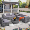 KROFEM 8-Piece Patio Furniture Set, Outdoor Wicker Rattan Sectional with Thick Cushions, Glass Top Table with Hidden Storage, Outdoor Conversation Set for Backyard, Porch, Patio, Grey