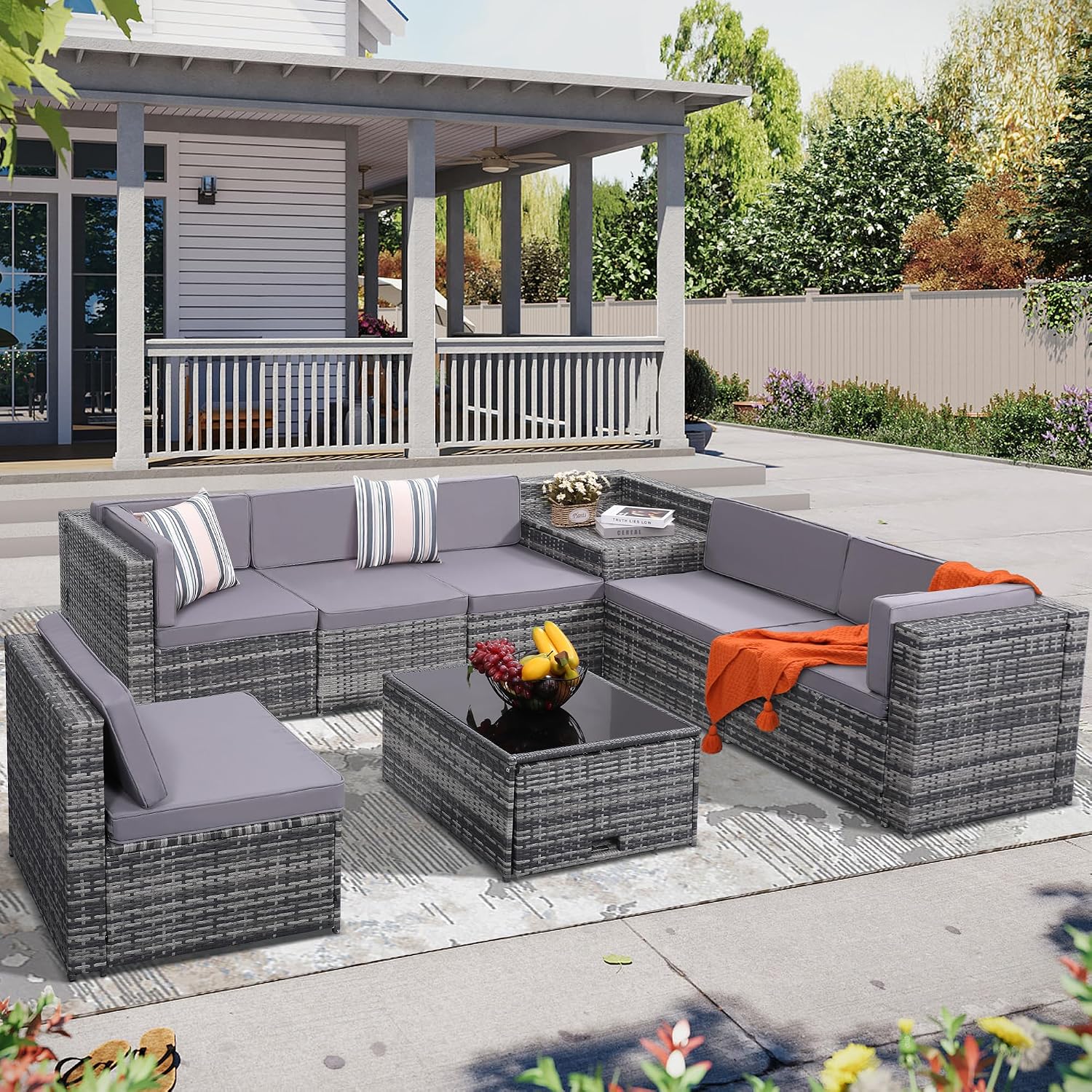KROFEM 8-Piece Patio Furniture Set, Outdoor Wicker Rattan Sectional with Thick Cushions, Glass Top Table with Hidden Storage, Outdoor Conversation Set for Backyard, Porch, Patio, Grey
