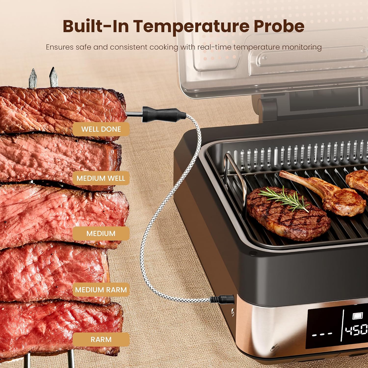 Kismile 2-in-1 Griddle and Indoor Grill,Electric Smokeless Grill with Temperature Probe,Temperature Control & display screen,for Indoor Steaks,Family Cooking(Black)