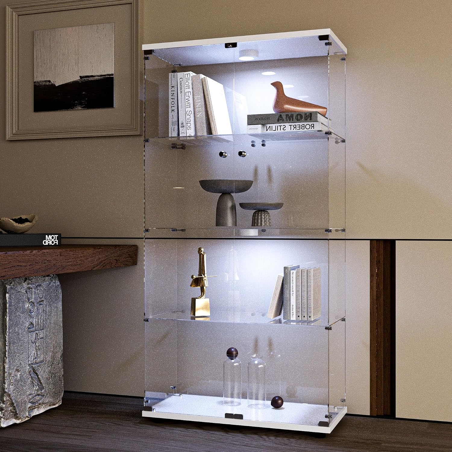 4-Tier Double Doors Glass Display Cabinet with Lights and Lock, 64.7' High Elegant Curio Display Cabinet Sturdy Tempered Glass Collection Display Showcase with 4 Shelves for Living Room,Bedroom,White