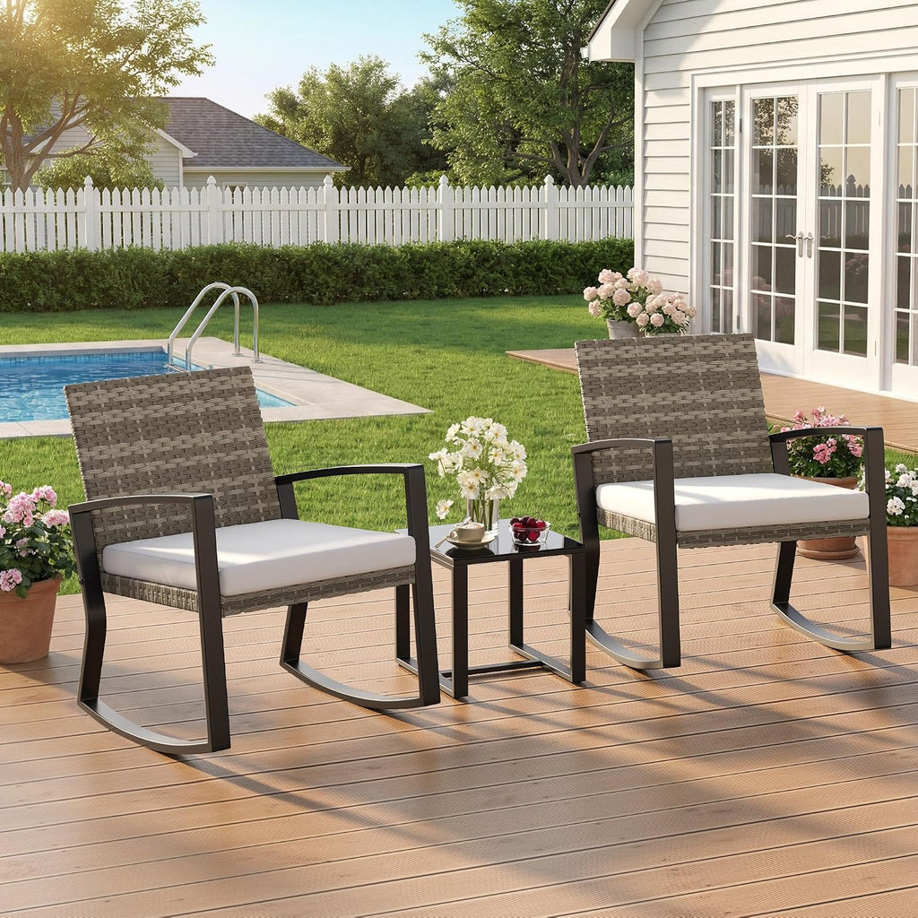 Qsun 3 Pieces Outdoor Patio Furniture Set Rocking Bistro Set, Outdoor Patio Furniture Set with Coffee Table for Garden Balcony Backyard Poolside (Light Grey Cushion)