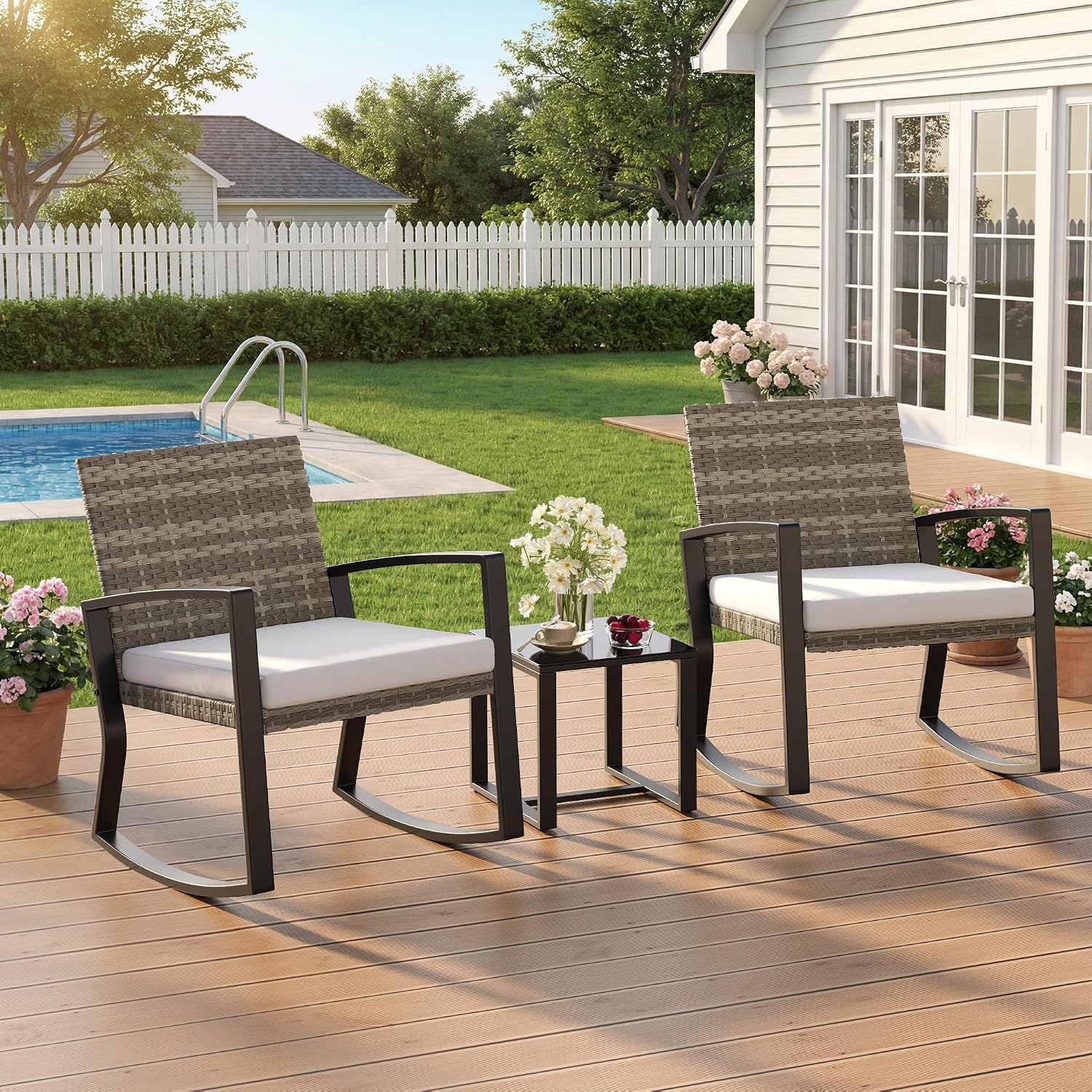 Qsun 3 Pieces Outdoor Patio Furniture Set Rocking Bistro Set, Outdoor Patio Furniture Set with Coffee Table for Garden Balcony Backyard Poolside (Light Grey Cushion)